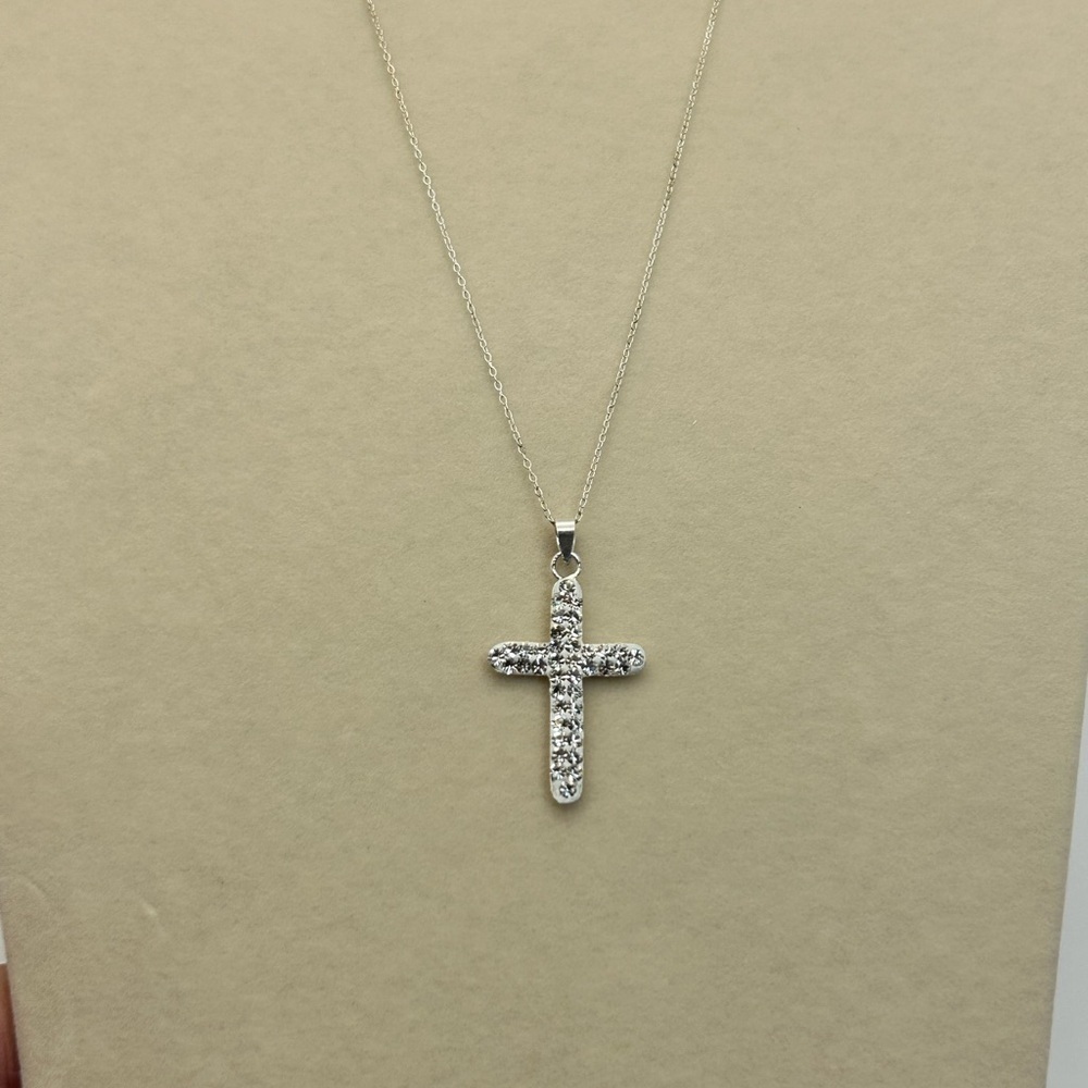 925 Silver Crystal Cross Pendant Necklace 17" Stamped 925 Italy Dainty Sparkly